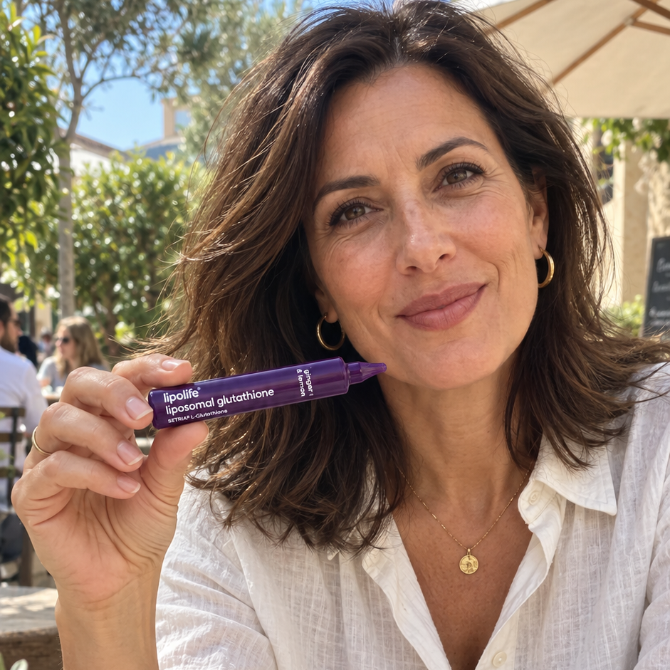 A woman sitting at an outdoor cafe table holding a purple cosmetic tube labeled 'Spa Care Handmade Quinoa'. She is wearing a white linen button-up shirt and gold jewelry, with a coffee cup on the table in the foreground.